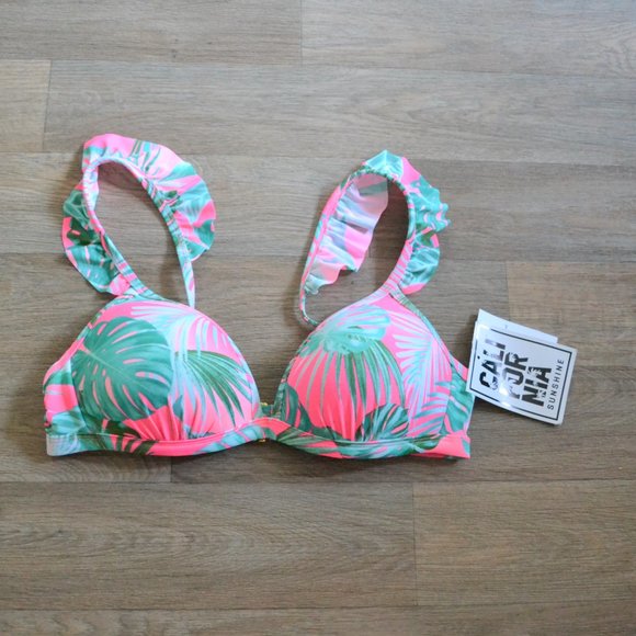 NWT California Sunshine Bust Enhancer Ruffle-Strap Palm Bikini Top Size Large - Picture 2 of 6